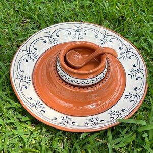 Crate & Barrel Glazed Ceramic Chip Dip Serving Calisto Terracotta Blue White